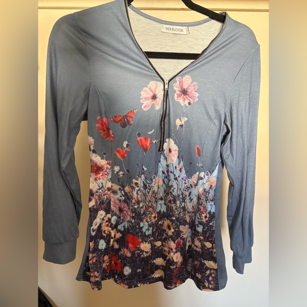 MISSLOOK Blue Floral Zip-Up Blouse